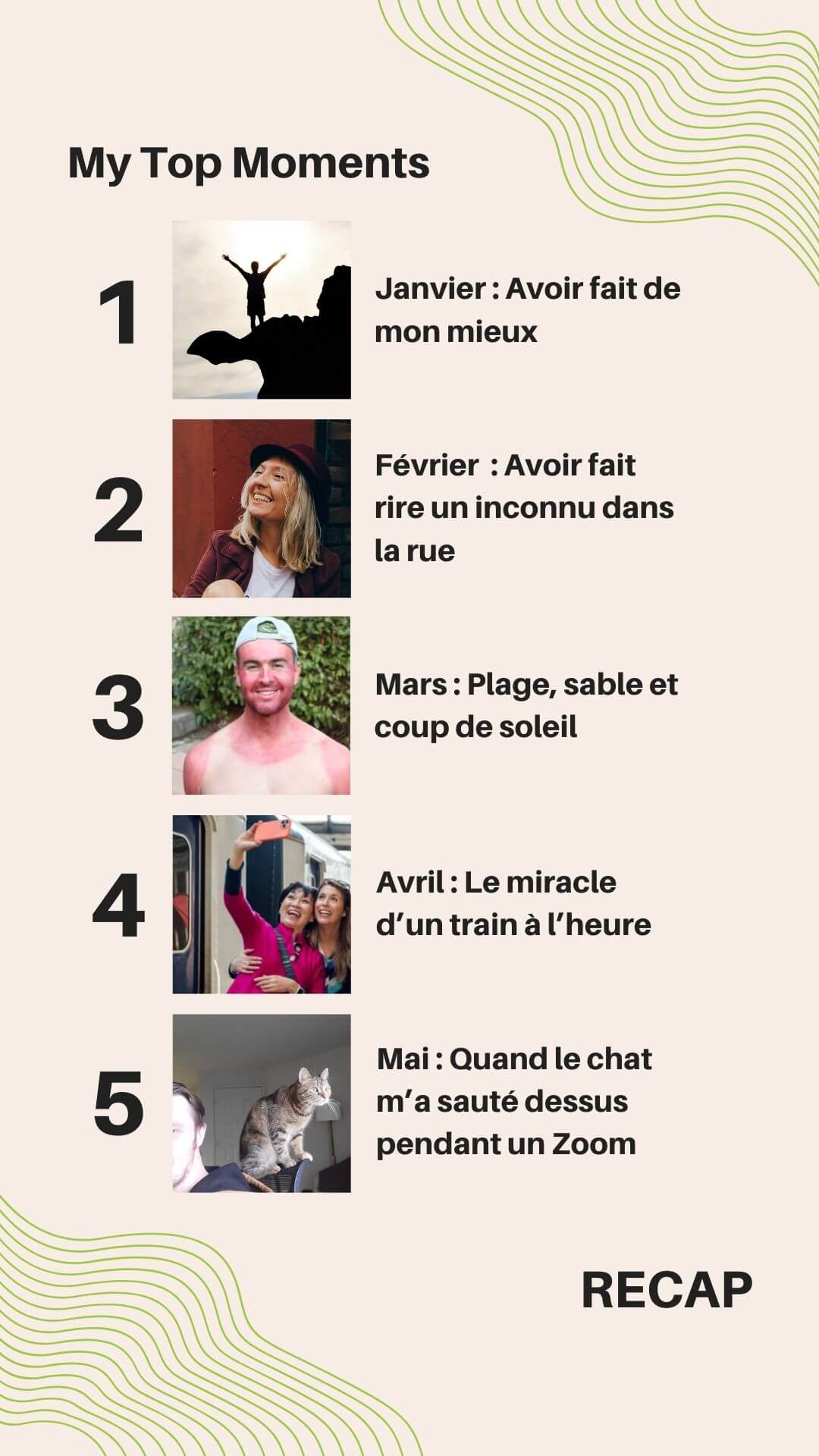 Un récapitulatif des moments marquants intitulé "My Top Moments" avec une liste de cinq éléments, chacun accompagné d'une photo.  Photo d'une personne debout sur une falaise, bras levés en signe de victoire, avec le texte : "Janvier : Avoir fait de mon mieux". Photo d'une femme souriante avec un chapeau rouge, avec le texte : "Février : Avoir fait rire un inconnu dans la rue". Photo d'un homme avec un coup de soleil sur les épaules et le torse, avec le texte : "Mars : Plage, sable et coup de soleil". Photo de deux femmes joyeuses prenant un selfie devant un train, avec le texte : "Avril : Le miracle d’un train à l’heure". Photo d'un chat sur l'épaule d'une personne lors d'une réunion en visioconférence, avec le texte : "Mai : Quand le chat m’a sauté dessus pendant un Zoom". En bas, à droite, le mot "RECAP" est écrit en lettres majuscules noires. Le fond est beige avec des lignes ondulées vertes dans le coin supérieur droit.